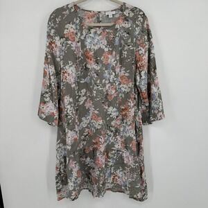 J. Jill Love‎ Linen Dress Womens XL Petite Gray Floral Linen 3/4 Sleeve